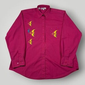 Las Olas Shirt Womens XL Pink Embroidered Fish Rhinestone Button up Long Sleeve